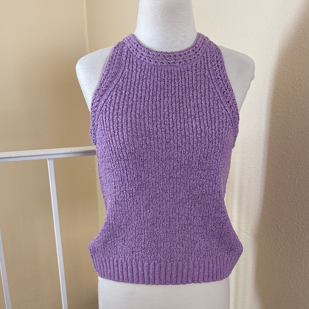 J. Crew Pointelle Purple Lavender High-Neck Textured Knit Sweater Tank Top S